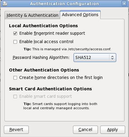 Firstboot authentication Advanced Options screen