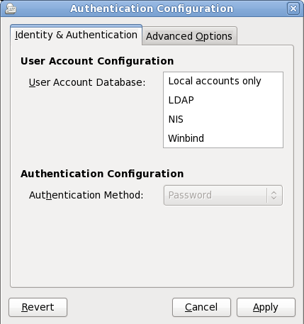 Firstboot Authentication Configuration screen